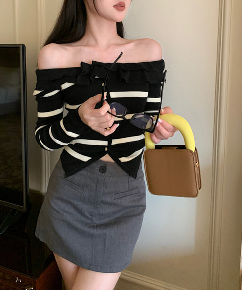 フリルニットトップス オフショルダー秋服 レディース タイトリブニット ボダン付き ニットソー きれいめニットセーター ボーダー柄 ショート丈 ニットカーディガン 80ZHONGYI-001